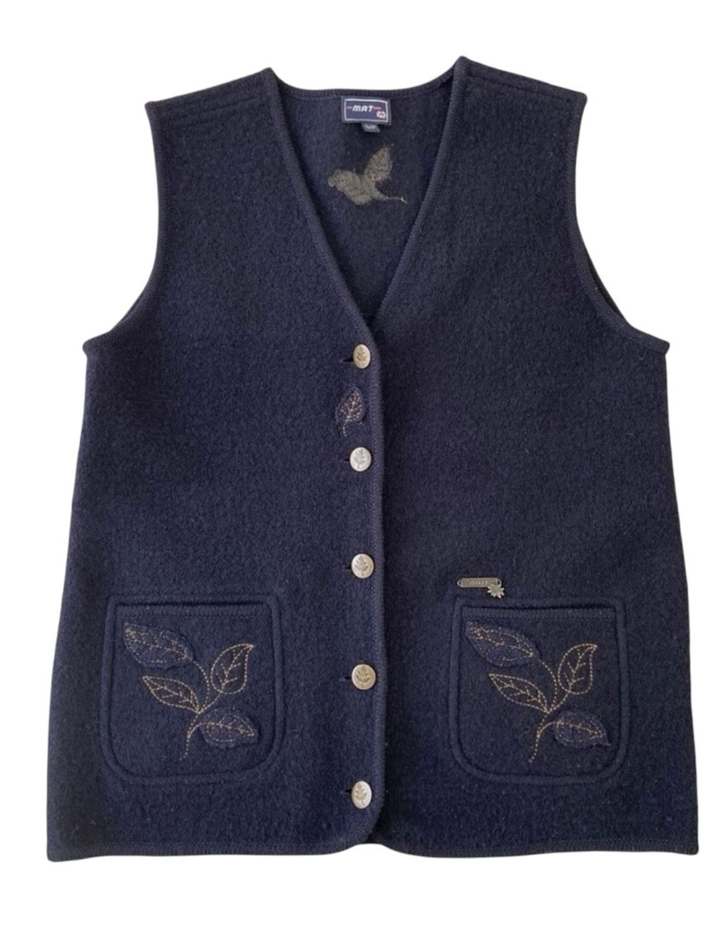 MAT button up vest 100% wool navy blue gold sleeveless pockets leafs applique S